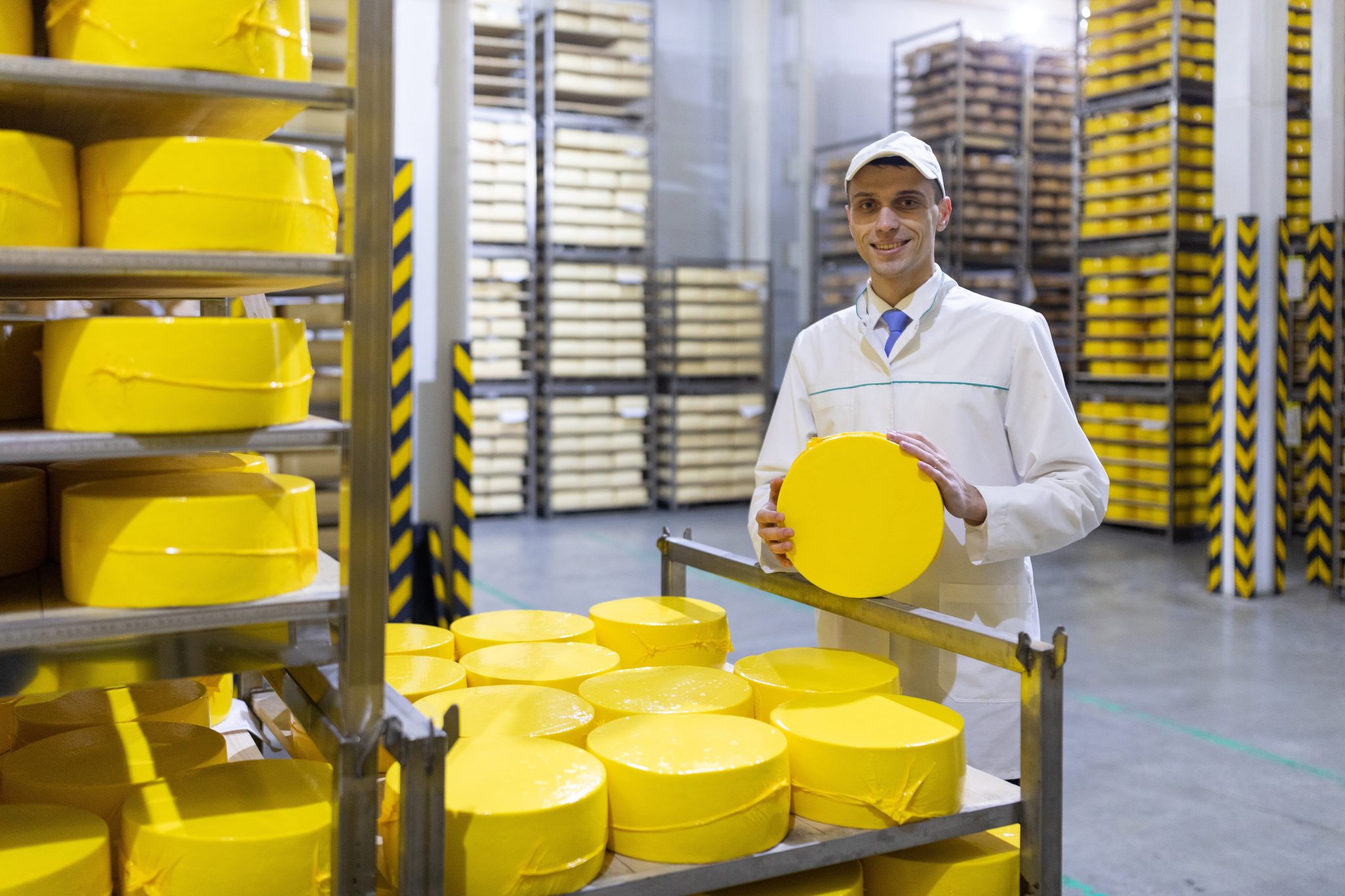 man in a white robe with a head of cheese in his hands is in a cheese warehouse