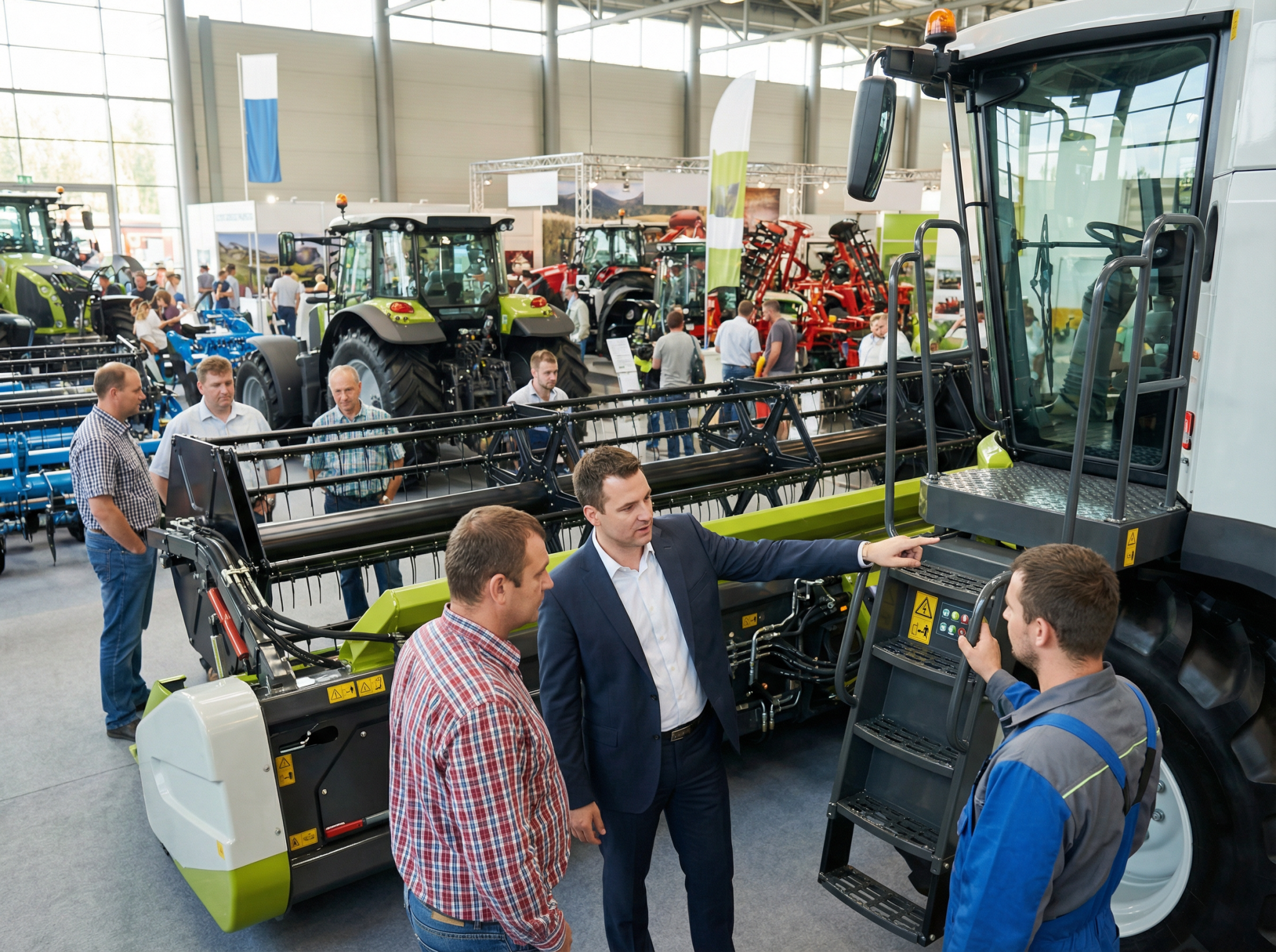 Salon de machines agricoles avec visiteurs et tracteurs.