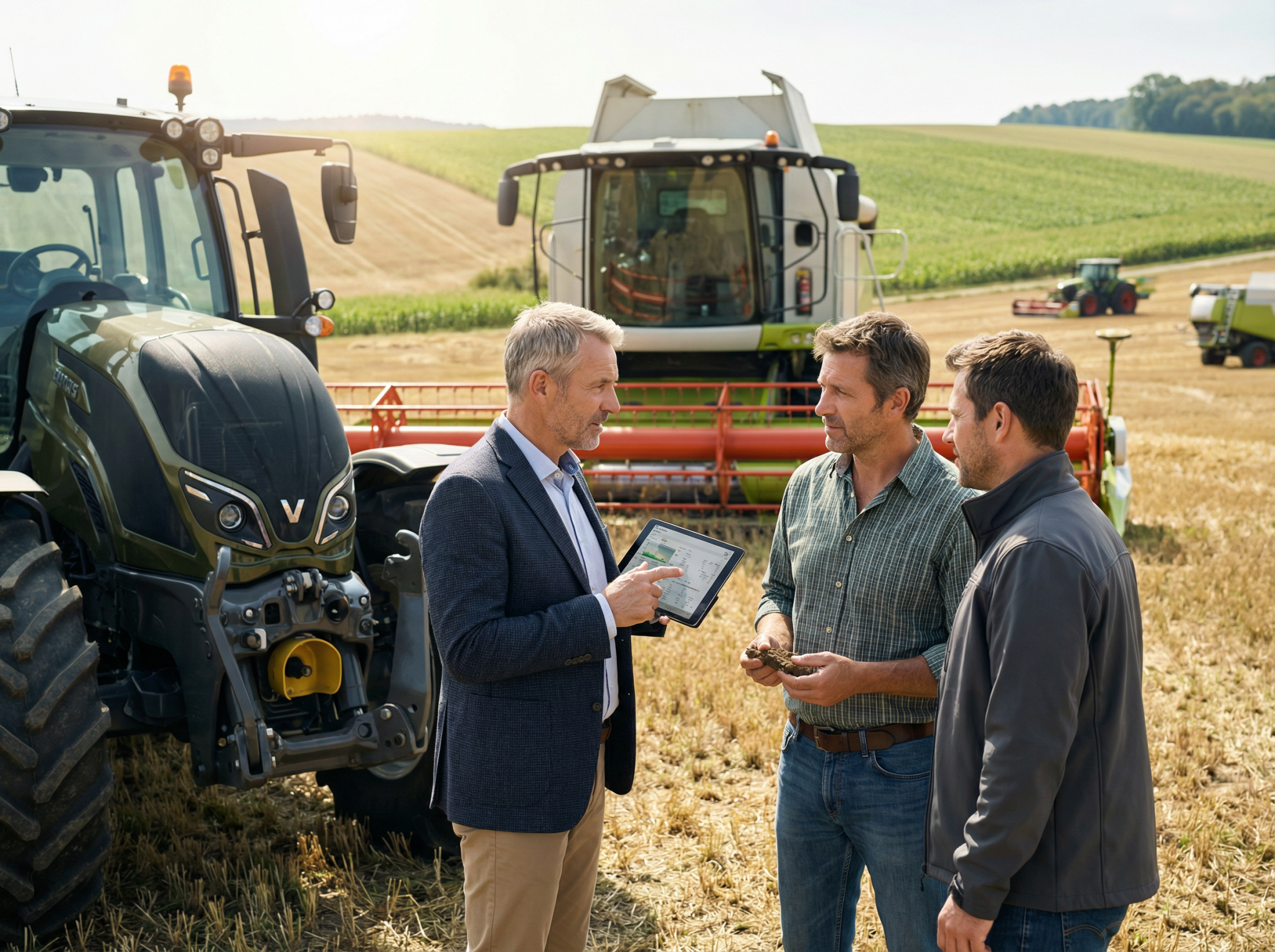 Agriculteurs discutant devant tracteurs dans un champ.