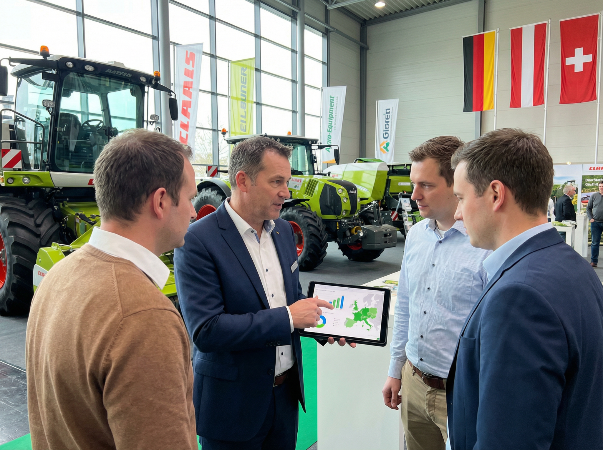 Présentation de données agricoles sur tablette devant tracteurs.