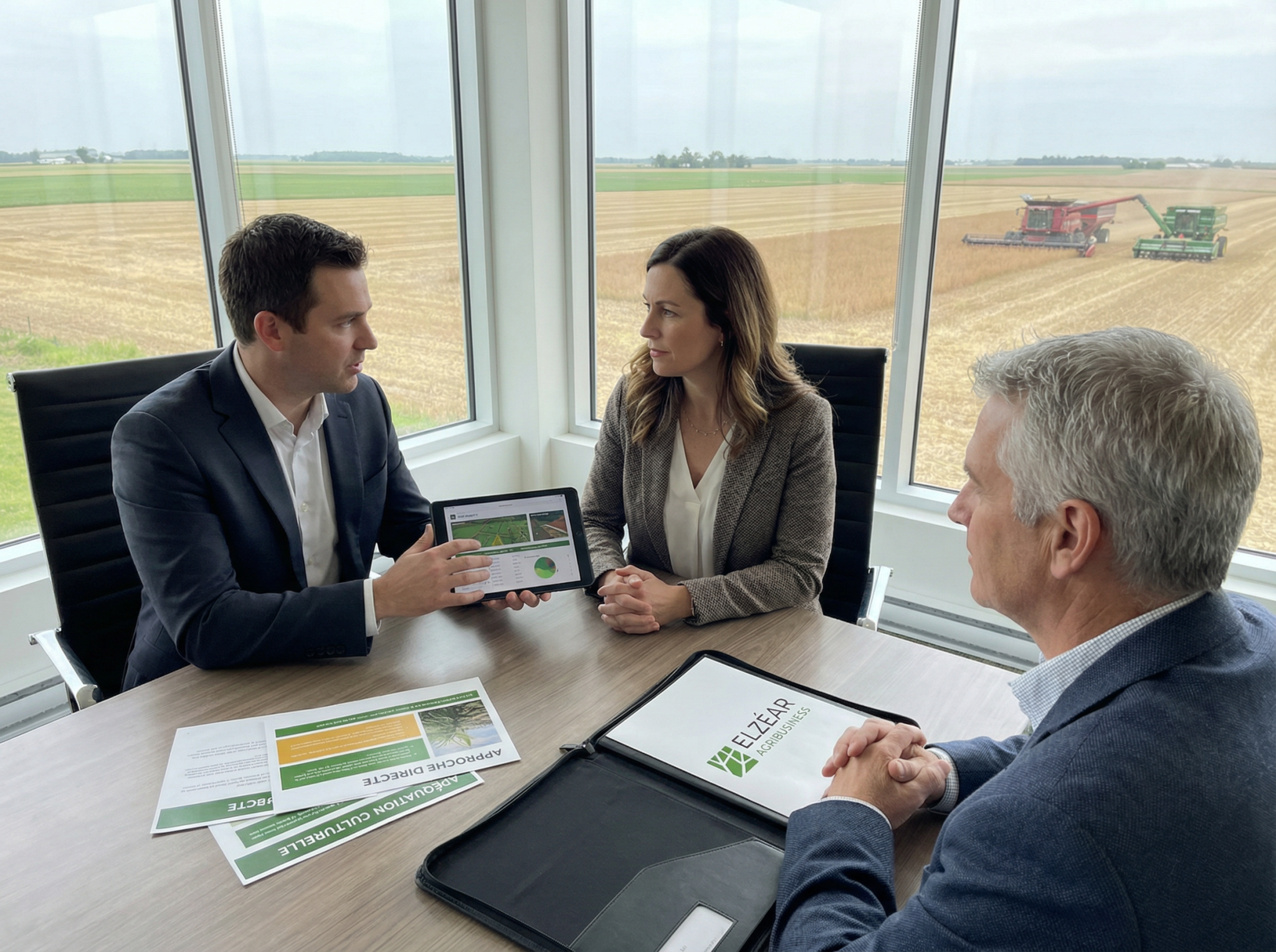 Réunion professionnelle sur l’agriculture dans un bureau vitré.