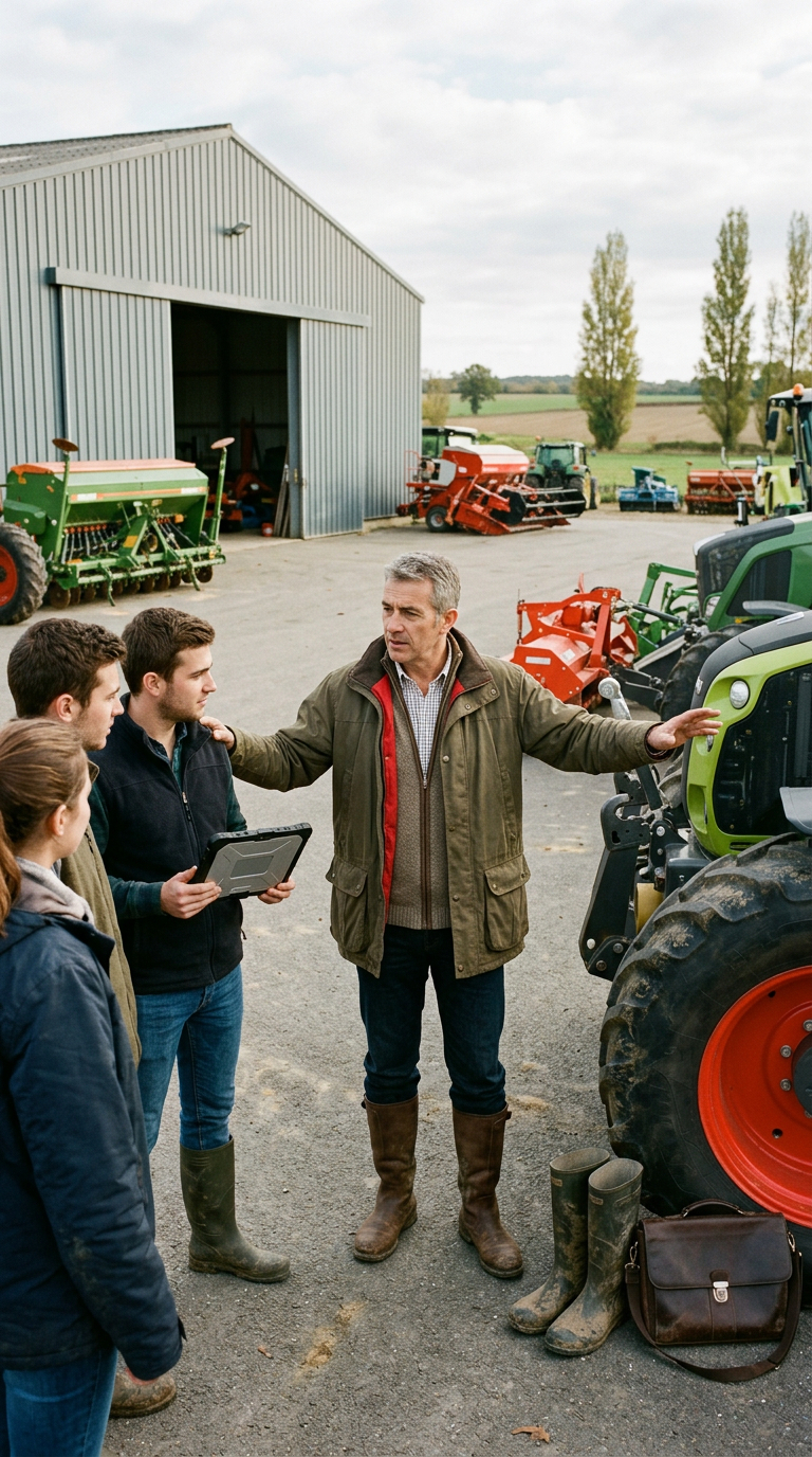 Groupe de personnes discutant près d’un tracteur agricole