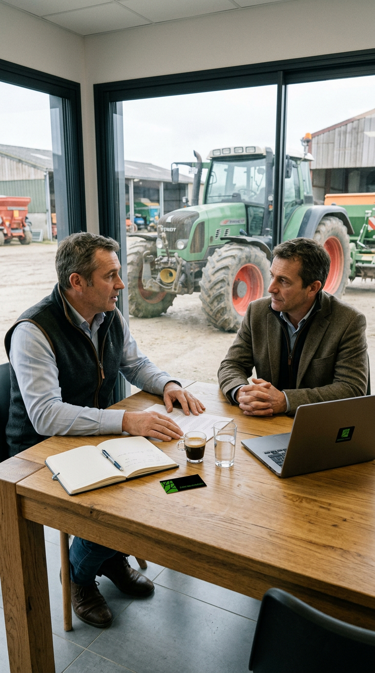 Deux hommes discutent dans un bureau agricole