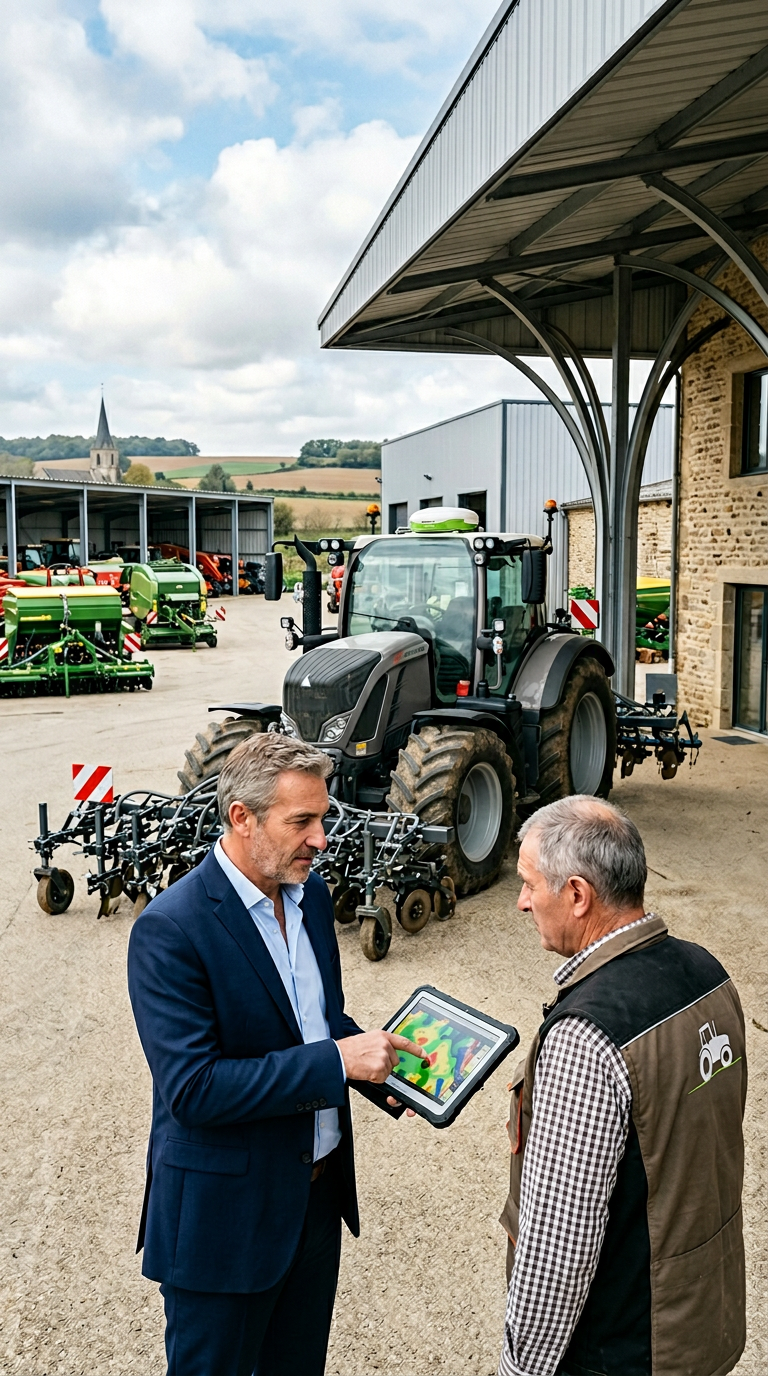 Agriculteurs discutant devant un tracteur moderne