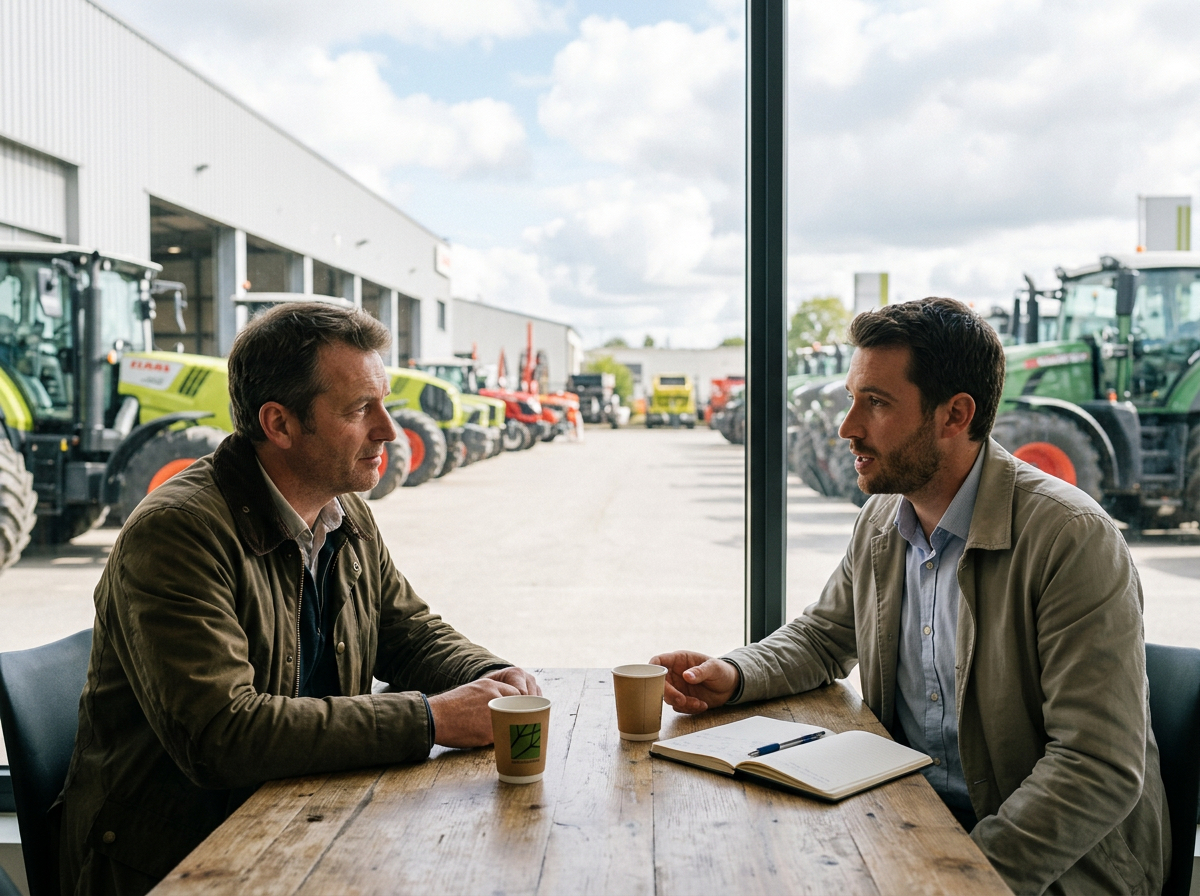 Deux hommes discutent devant des tracteurs agricoles.