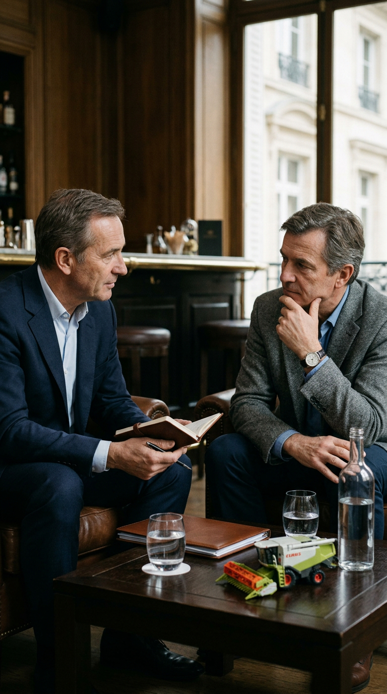 Deux hommes d'affaires discutent dans un salon.