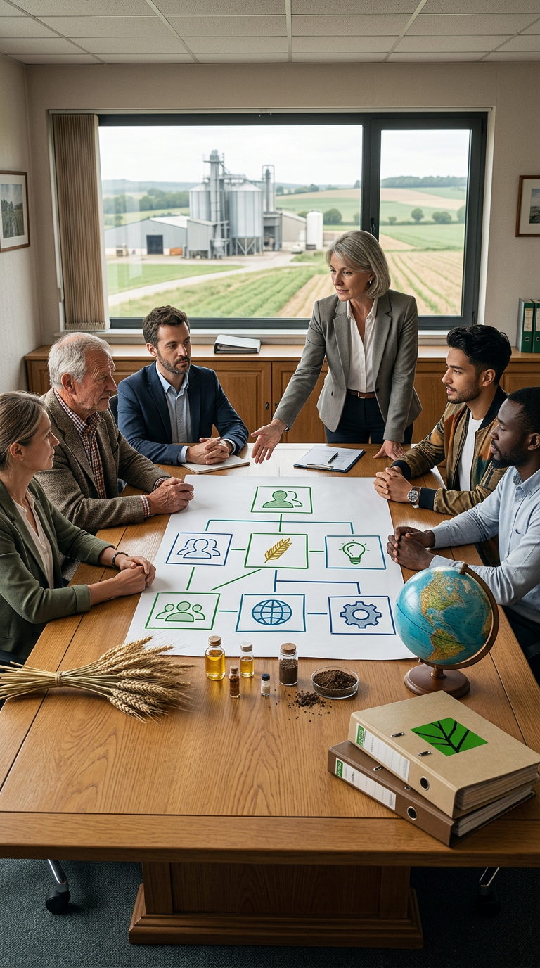 Réunion d’équipe discutant d’un projet agricole durable.